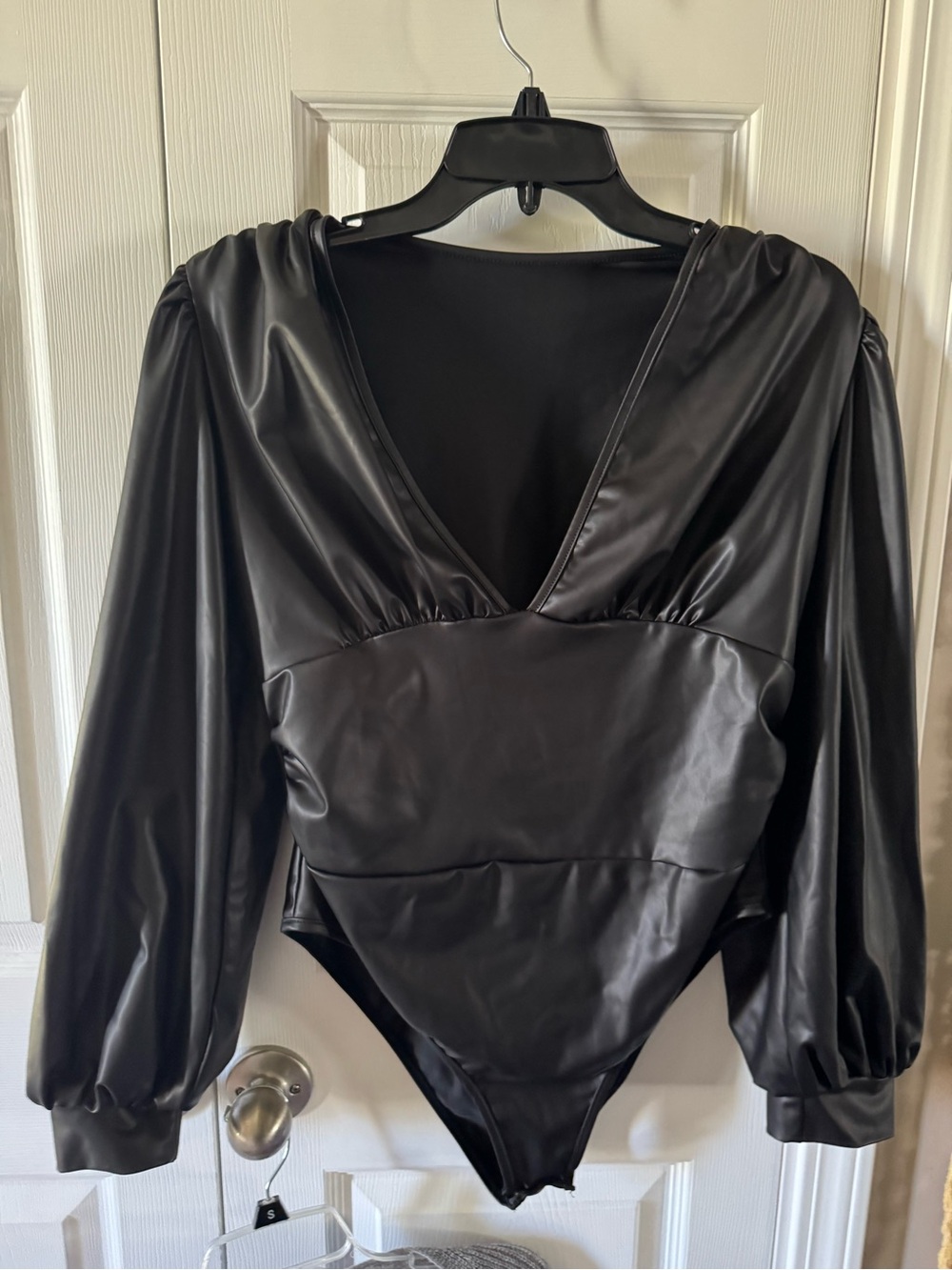 Cider Black Faux Leather V-Neck Puff Sleeve Bodysuit